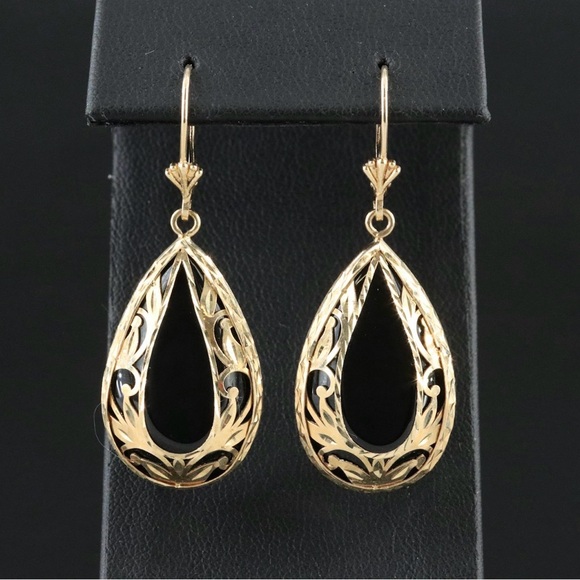 Jewelry - Elegant 14k Yellow Gold and Black Onyx Teardrop Earrings